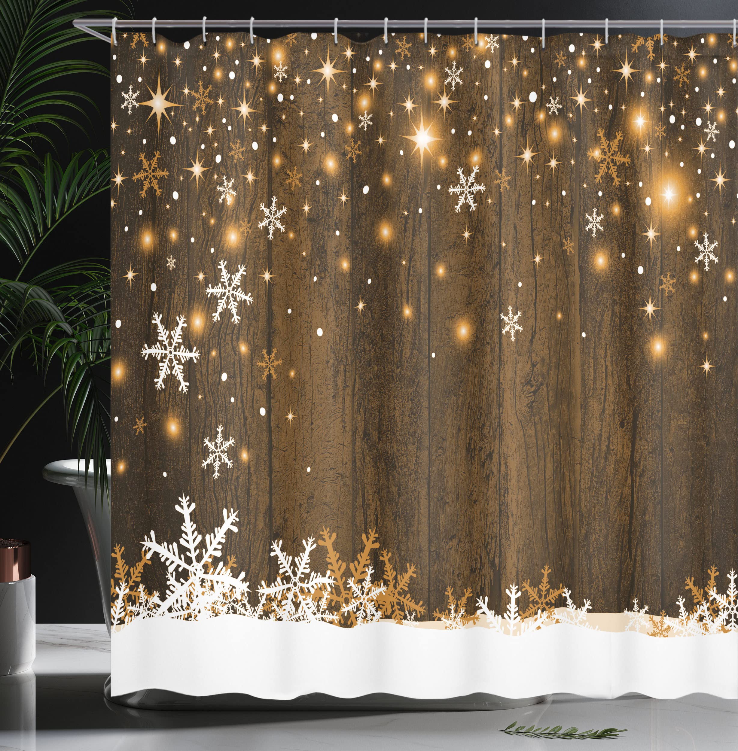 Ambesonne Christmas Shower Curtain, Rustic Wooden Backdrop With Snowflakes And Warm Traditional Celebration Print, Cloth Fabric